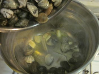 倒入清洗瀝乾的所有貝類, 蓋上鍋蓋用中火燒五分鐘或直到所有貝殻打開, 途中記得要搖動鍋子或用鍋勺翻拌讓貝類均勻受熱.