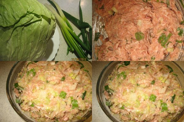 將蔥花拌入肉餡內，高麗菜擠乾水分倒入肉餡拌勻。(餡料完成)