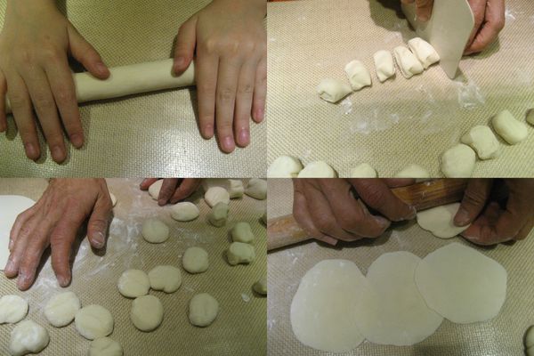 麵糰的分割、擀皮請參考(麗娟烘焙屋自製水餃皮)作法3至8水餃皮製作。