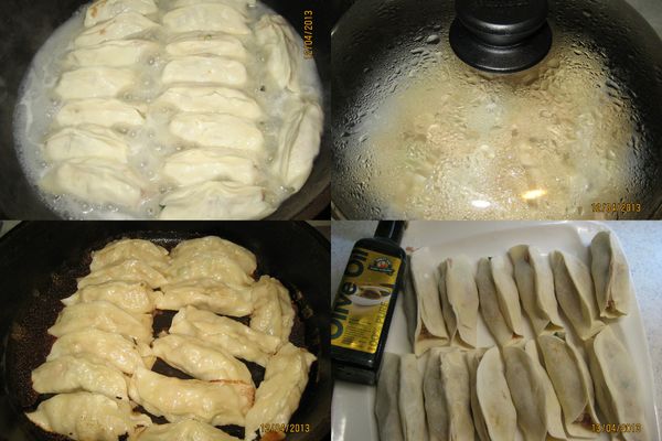 將[麵粉水]混合均勻調好。鍋中放2大匙得意的一天橄欖油，油熱整齊放入餃子以中火加熱，倒入麵粉水，麵粉水需完全接觸餃子，蓋上鍋蓋至水全部收乾。