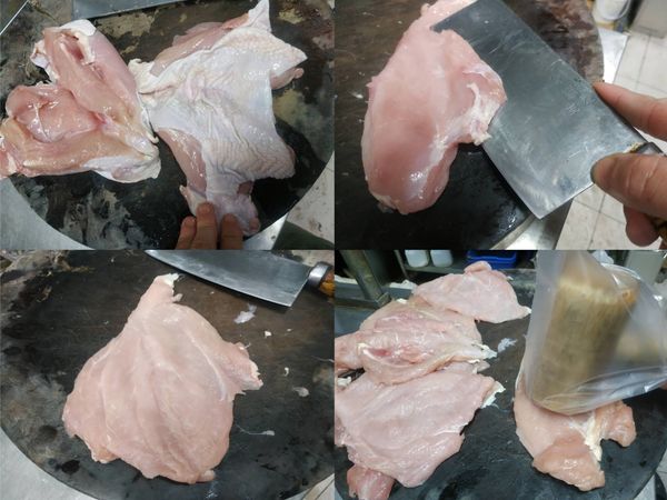 雞胸肉去皮切對半
如雞胸太厚可橫切不切斷的蝴蝶刀法剖開
不太厚則免
用肉捶或可以敲打的工具把肉敲開破壞結締組織