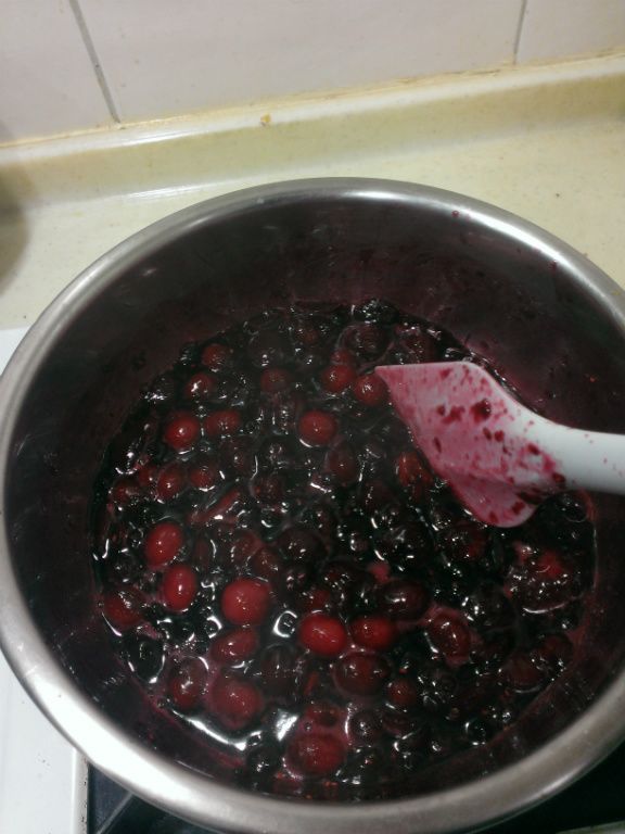 放置一晚的莓果會自然釋出果膠~不用加水,
開火煮沸,並攪拌,撈除白色浮沫-須站立在瓦斯爐前1個小時左右