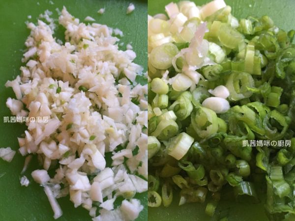 蒜頭去膜、切碎，蔥洗淨、切蔥花，備用。