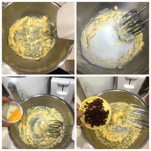 1.先將奶油打至羽化
2.將砂糖.鹽放入打勻
3.將蛋液分三次加入確定蛋都吸收後
4.加入蔓越莓拌勻