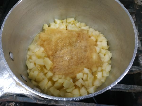 倒入蘋果及蘋果泥跟糖小火拌炒出水