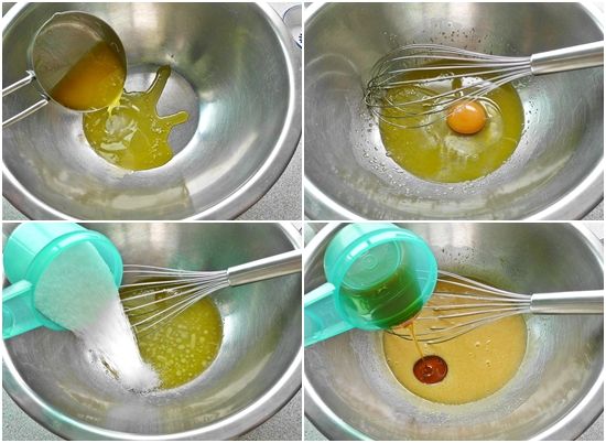 將奶油隔水溶化後倒入乾淨的攪拌盆中,倒入白細砂糖拌均勻,多攪幾下..盡量讓糖溶解.接著加入全蛋一個拌均勻後..再加入蛋黃1個充分拌均勻~