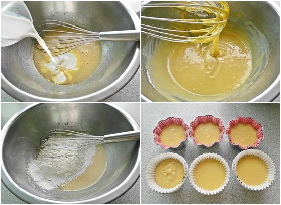 陸續加入蜂蜜→鮮奶拌勻後,最後加入過篩的(低筋麵粉+泡打粉)拌均勻即可。將拌好的麵糊平均倒入鋪好紙杯的布丁杯中,約8至9分滿即可。