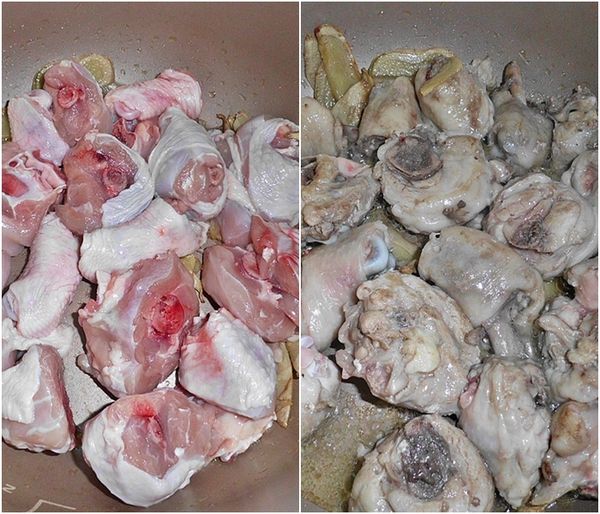 薑片爆香至適當狀態後,倒入切塊的雞腿肉兩面煎一下..再淋下1大匙米酒炒香~