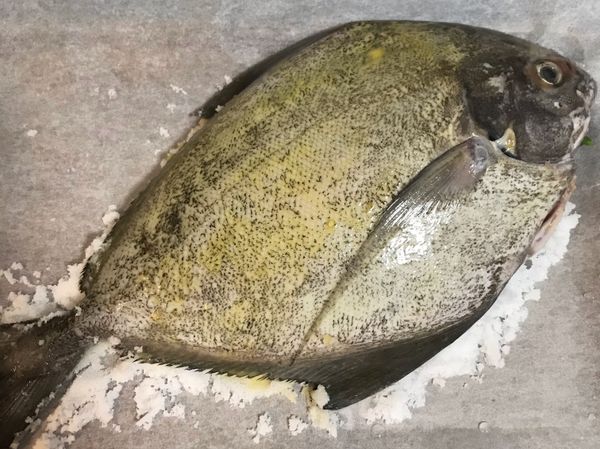 烤盤上鋪上烘培紙，先鋪ㄧ層鹽，把魚擺上去；