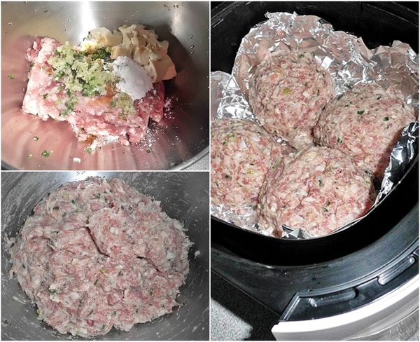 絞肉放入攪拌盆中+蛋+豆腐+[調味料A]徹底抓拌均勻後,將肉由底部捧起→摔打..重複同樣的動作數下約3~5分鐘..將肉取適量托成圓球狀,大小隨個人喜好(本食譜分成5個)放入飛利浦健康氣炸鍋中排好~(氣炸鍋鋪上鋁箔紙or烘焙紙皆可,烘焙紙最佳!因個人買的肉.肥瘦比約3:7瘦多肥少,因此直接放在烤紙上~若直接放在內鍋網上氣炸,則可達到"油切"的效果)