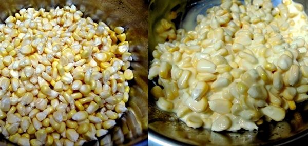 步驟2把玉米倒入粉漿水中,攪和攪和均勻。