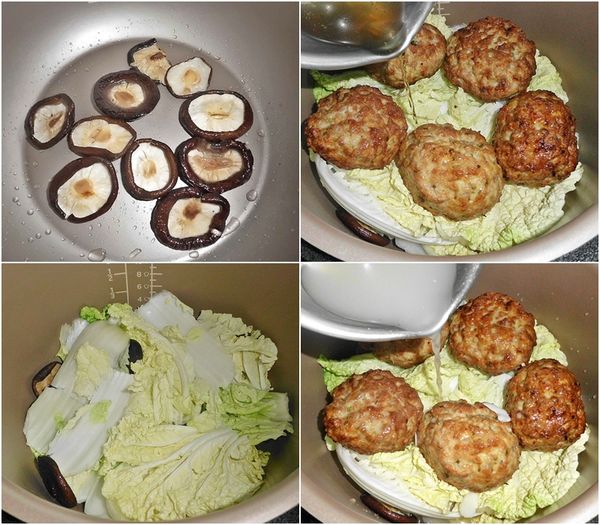 「飛利浦智慧萬用鍋」設定"無水烹調"鍵.選擇"焗烤時蔬"功能~在乾淨的內鍋中,倒入約1/2小匙油爆香擰乾水分的香菇,香氣釋出後放入一部分的大白菜,蓋上鍋蓋燜烤至設定時間終止。接著打開鍋蓋後..將氣炸好的獅子頭擺放在大白菜上排好~加入[調味料B]→(泡香菇的水可一併放入)因大白菜還會出水..需依放入大白菜的多寡適時的調整高湯的水量。(水量不可高過食材!)