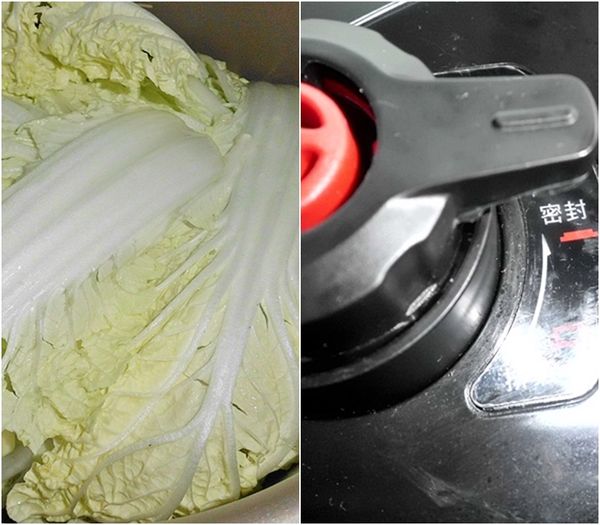 最後將其餘的大白菜蓋在肉丸子上.蓋上鍋蓋(鍋蓋和鍋身上各有一個三角形箭頭,對整齊後向左轉動即可安全地蓋上了。 )將鍋蓋頂上的調整鈕轉至"密封"位置。