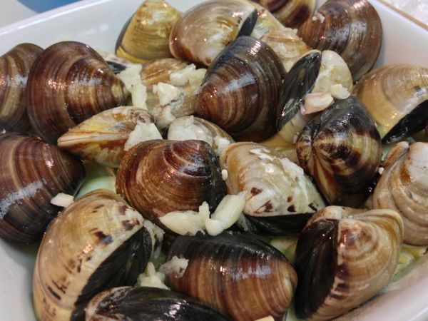 放入吐好沙的蛤蜊(註)，加入蒜末及[調味料B]及約1大匙的水，,蓋上耐熱的保鮮膜(用牙籤刺幾個透氣孔)，水滾後中大火蒸約15~18分鐘就完成嚕:)