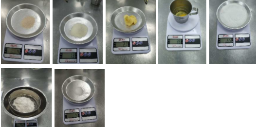 秤材料：高筋麵粉、即溶酵母、冰水、雞蛋、無鹽奶油、奶粉、砂糖、鹽。