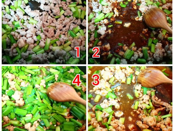 熱鍋，加少許油，把絞肉炒熟，加入韭菜梗拌炒一下，把步驟2的調味料倒入，拌炒一下，再下韭菜葉拌炒熟就可起鍋.