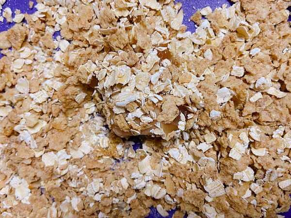 醃好的雞柳依序沾低筋麵粉—蛋液—燕麥與穀片，沾好後放烘焙紙等待