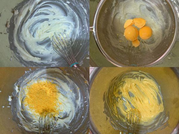 奶油+糖粉+鹽打發至顏色變白後把熟蛋黃用手指壓碎過篩至奶油裡攪拌均勻