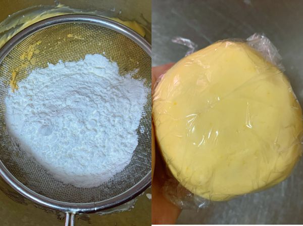 篩入低粉+玉米粉用手混合揉成團後裹上保鮮膜送進冰箱冷藏1小時