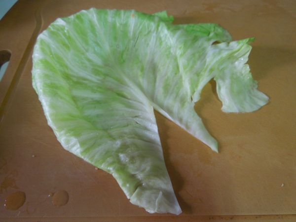 將高麗菜葉的葉梗部分切除，利於包捲。