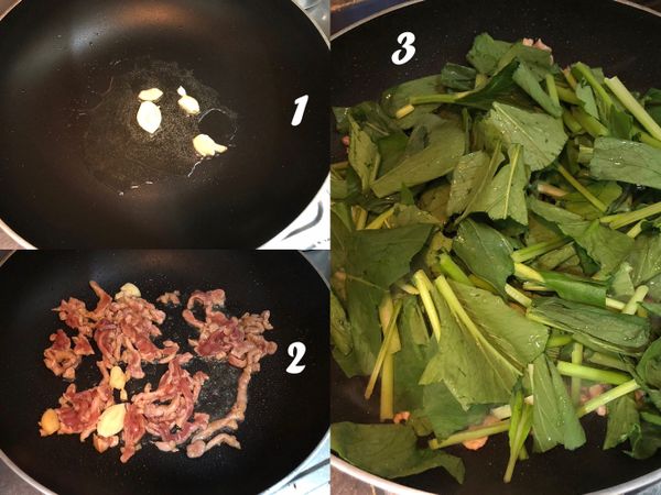 先爆香蒜頭🧄，聞到蒜香味下醃好的豬肉絲，炒約7分熟下油菜、米酒、海鹽及鮮味炒手拌炒

嗜辣者可在爆香蒜頭時一起下小辣椒🌶️