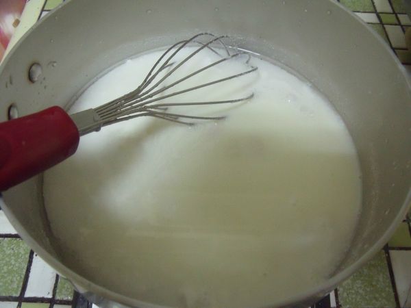 倒入牛奶,水,糖,椰漿攪拌一下。