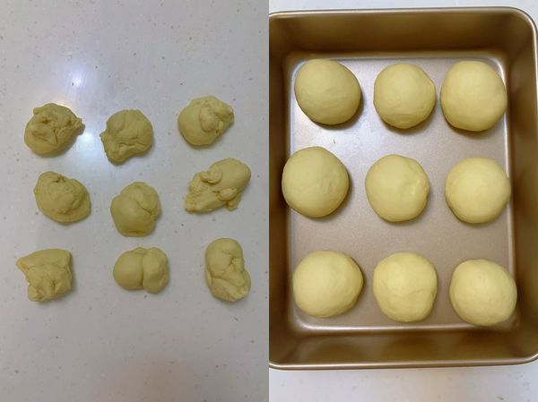 把麵團平均分成9份，滾圓擺在烤盤上，蓋上保鮮膜靜置發酵1.5倍大（大約1小時）