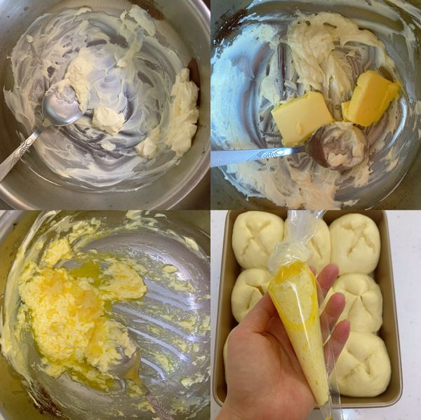 先來做醬，奶油乳酪隔水加熱至順滑狀，再加入鹽+蒜泥和軟化好的奶油攪均後裝入擠花袋備用