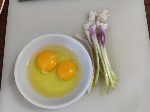 雞蛋打在碗中待混合蔥白及薑黃粉等