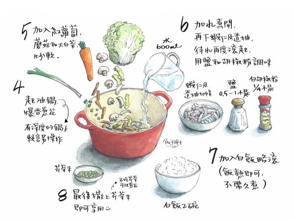 取一個有深度的鍋子，熱鍋後加點油爆香葱末，再加入紅蘿蔔、蘑菇和大白菜炒軟。
加水煮開後下蝦仁和透抽，水再開後用鹽和胡椒粉調味。
加入白飯略滾(冷飯或熱飯皆可)，最後撒上芹菜末，即可享用。