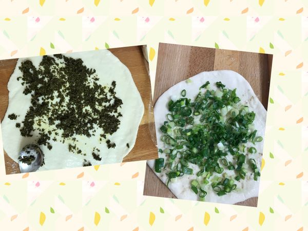 麵糰桿開來，在餅皮上放3-5ml的油，刷勻後灑些鹽、五香粉（胡椒粉）。