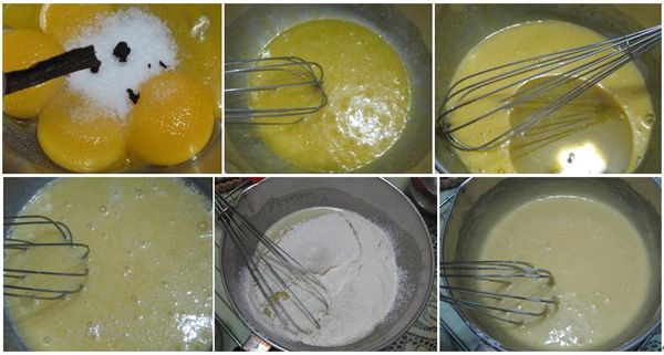 (烤箱預熱180度)
[蛋黃糊]將蛋黃、香草籽、糖放入鍋中打至淡黃色，加入沙拉油、鮮奶攪勻，篩入低筋麵粉及玉米粉拌勻備用。