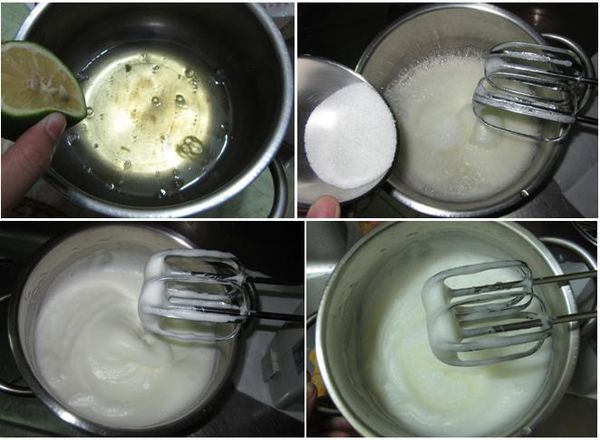 [蛋白霜]另取一鍋 ( 須乾淨，無油、水 ) 放入蛋白及檸檬汁，用打蛋器中高速打至粗泡狀，篩入1/3的細砂糖，打到糖溶化。