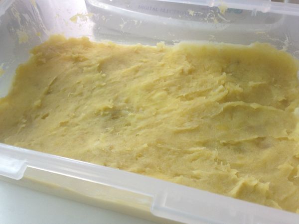 取一只耐熱的保鮮盒，先倒一半地瓜奶凍糊進去，再放上一層地瓜泥。(多寡可視個人口味調整，我大約放了100g左右)