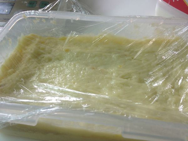 再將另一半的地瓜奶凍糊倒入，蓋上保鮮膜用手輕壓緊。(也可以輕敲盒子讓奶凍糊之間的空隙減到最少。)，打開保鮮膜透氣放涼後再放回並蓋上蓋子冷藏至少約2個小時即可。