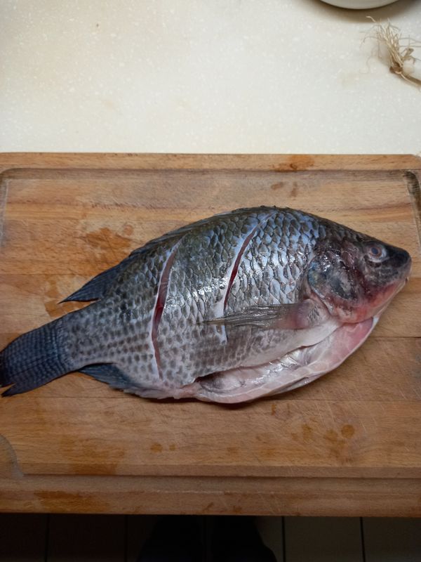 將魚身兩面畫刀，灑上鹽巴以便好入味