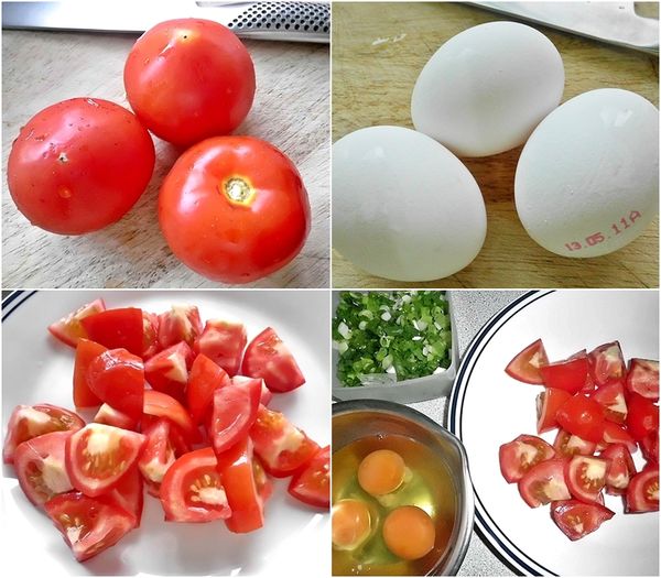 蕃茄洗淨後切塊狀..(去皮否隨個人喜好即可)~蛋打散備用。