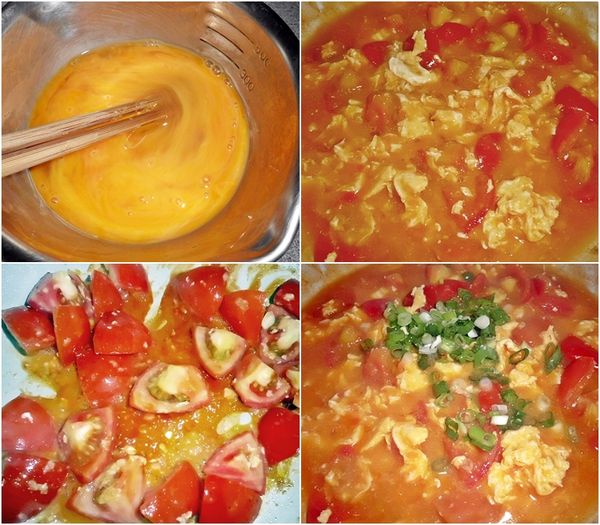 起油鍋(兩大匙油)~蛋先入鍋炒至5分熟後盛出備用。

原鍋再加入油1/2大匙爆香蔥白、蒜末後倒入蕃茄醬、蕃茄拌炒..接著加入水適量(剛好淹蓋住食材即可)

煮開後~加入[調味料]煮片刻..湯汁略為濃縮後倒入5分熟的炒蛋混合拌勻再煮一下即可。