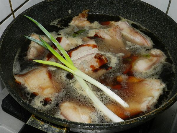 加入調味料與2根蔥下去燉煮，滾後轉小火慢煮