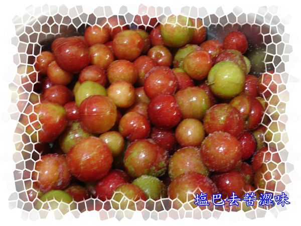 加入塩靜置1小時出澀水,用冷開水清洗晾乾.李子果劃十字刀好入味.