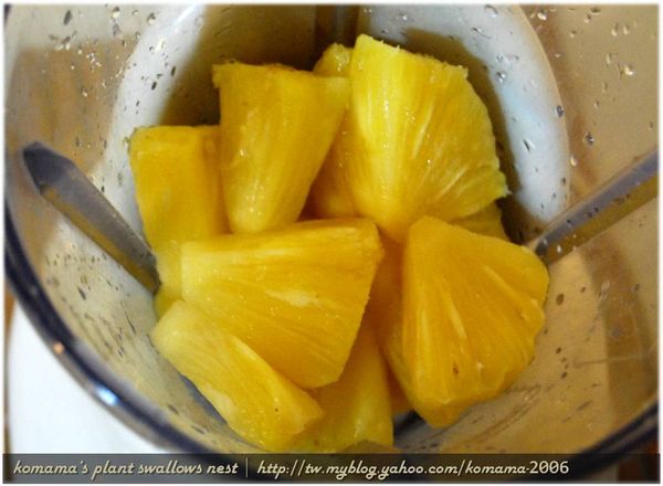 先把已切成片狀的鳳梨，逐一放入至果汁機中。