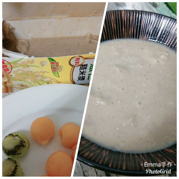 將冷凍庫中的光泉薏仁糙米漿取出，從側邊用刀子劃開，裡面的光泉薏仁糙米漿已成半結冰狀，用湯匙將已結冰和未結冰的光泉糙米漿略微攪拌一下，倒入碗中（此時就有挫冰的樣子呈現出來）。