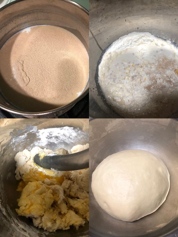 1. 速發酵母倒入鮮奶裡等待10分鐘。 2. 中筋麵粉、蜂蜜和剛剛的鮮奶放入攪拌缸先攪拌至結塊後再加入蛋液和融化的奶油攪拌8分鐘。（麵團光滑狀態）