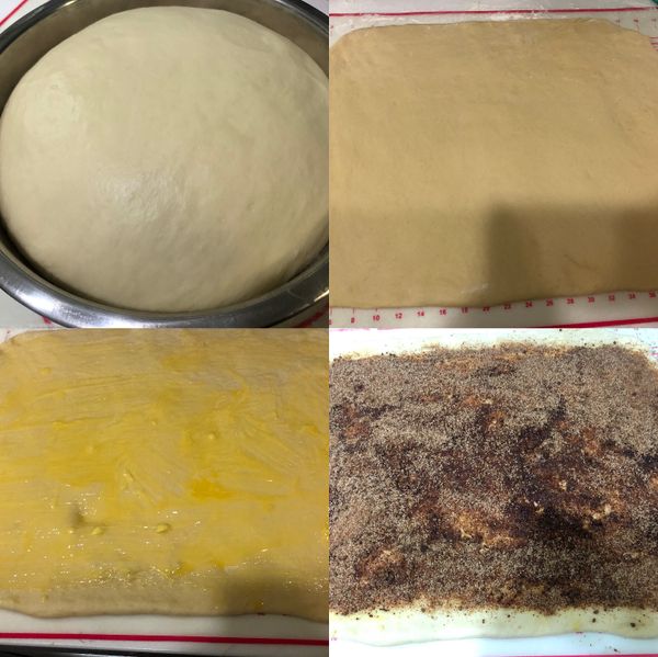 3. 把麵糰滾圓後放到乾淨的容器裡進行第一次發酵至兩倍大(大約一個小時至一個半小時)。4. 發酵好的麵團放在工作台上面開始整型。（工作台上面先灑一些麵粉以免沾黏）。 5. 把麵糰滾成長方形後再均勻塗上軟化奶油、再撒上肉桂黑糖粉。