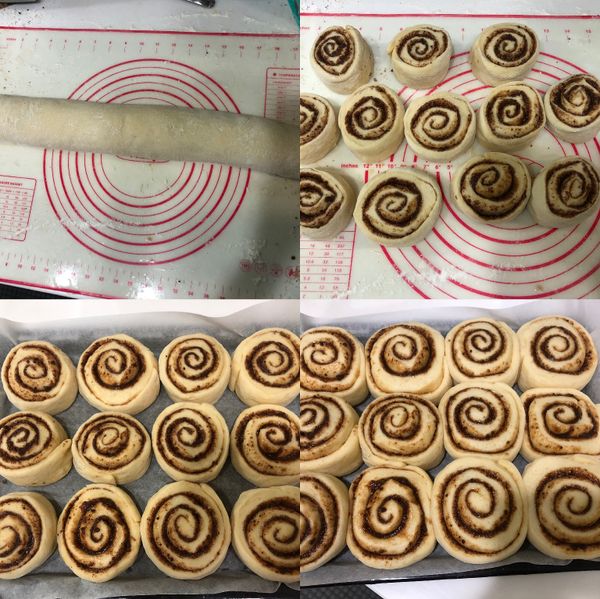 6. 捲起後再切割成12等份、放入烤盤上進行最後發酵50分鐘。（烤盤四周圍要放烘培紙）