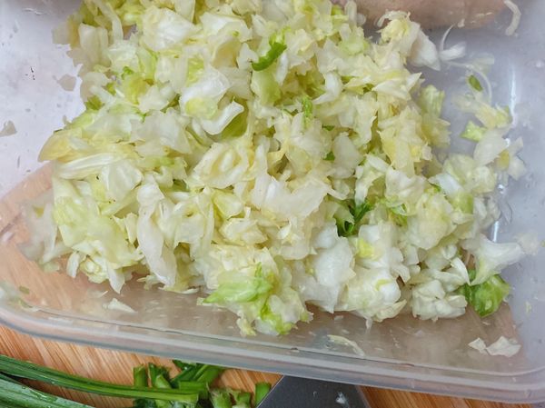 製作內餡，高麗菜切碎，撒上一匙鹽巴，靜置半小時出水，等水分滲出用力擠乾高麗菜絲備用
