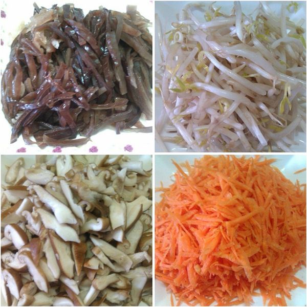 將木耳、香菇、紅蘿蔔切絲，豆芽菜洗乾淨備用。將所有的內餡及調味料均勻的拌在一起。