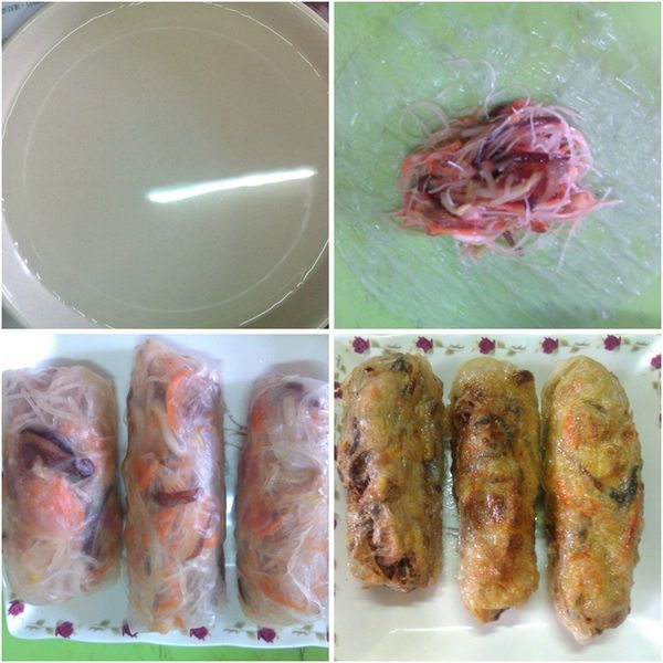 準備一盆將越南春捲皮沾濕，兩面沾一點水就可以了，將內餡放在中間包起來，起一個油鍋，包好一個就下鍋炸，小心春捲皮會互黏。炸到內餡的紋肉熟了就可以起鍋了。