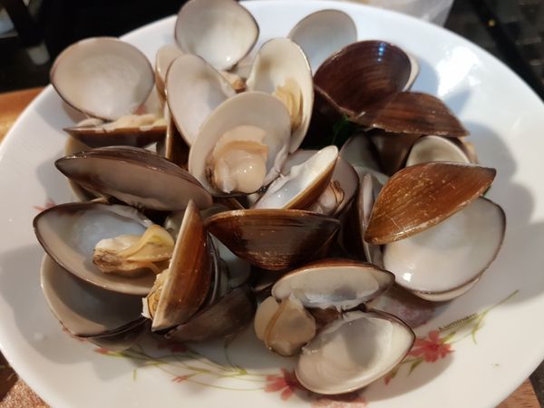 蛤蜊一打開之後就要撈起來，避免煮太老。薑片和九層塔煮大約五分鐘後也一起撈起來，再用食物調理機將剩下的大蒜和高湯打勻呈現白濃狀。