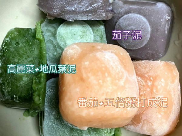 加入副食品模型放冷凍，隨時都可以拿出來和其他冰磚搭配，圖為和其他冰磚搭配的營養餐。